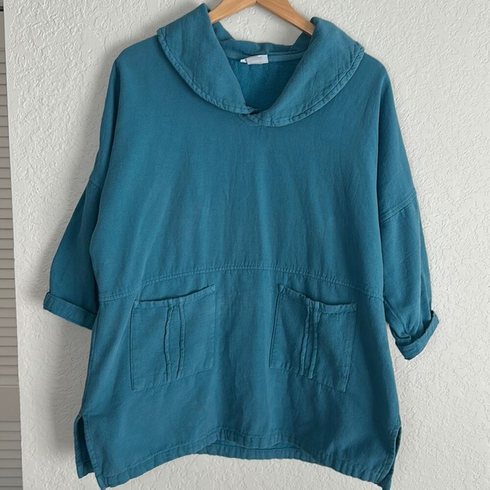 Soft Surroundings Lagenlook Pullover Top Blue Pockets Cotton Oversized Granola